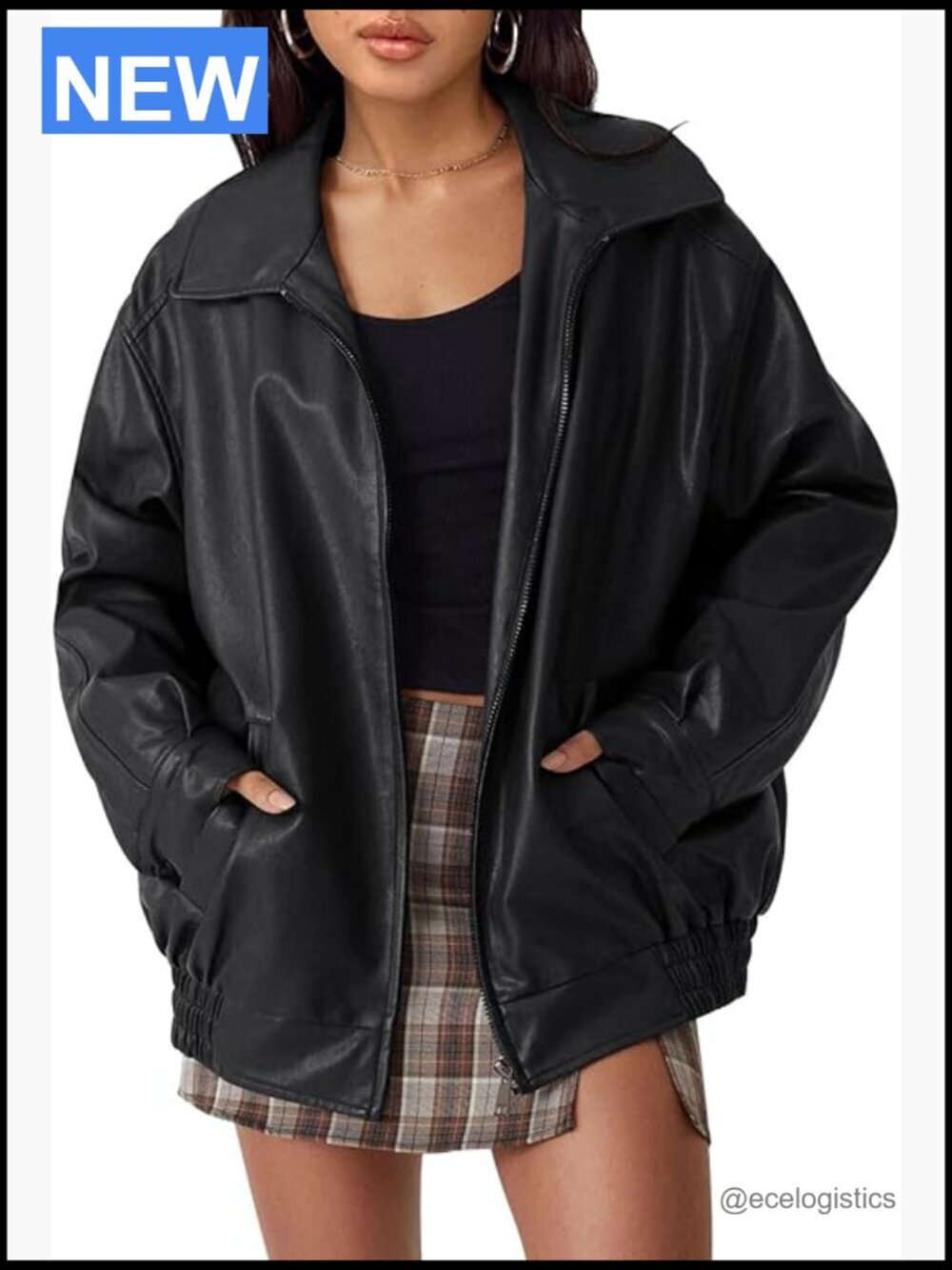 Oversized Faux Leather Moto Jacket Boyfriend Bomber Coat
